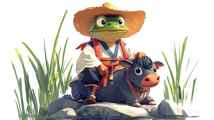 Canvas Print -   A frog sits on a cow's back near a body of water, wearing a straw hat