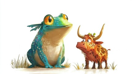 Sticker -   A painting of a frog and cow standing in the grass together with one facing the camera