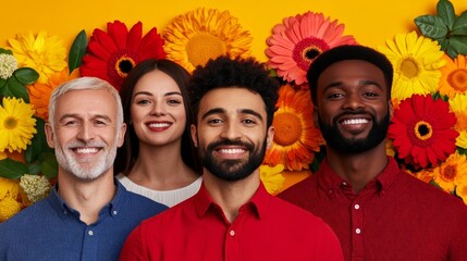 Wall Mural - Smiling faces of people from different cultures and ages, arranged in a vibrant collage surrounded by bright flowers and sunshine, symbolizing joy for International Day of Happiness 