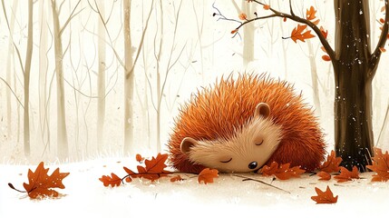 Sticker -   A painting of a hedgehog lying in the snow alongside an orange-leafed tree