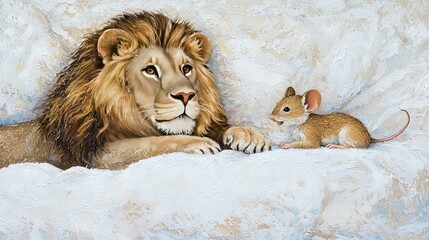 Poster -   A white bed adorned with a lion and mouse