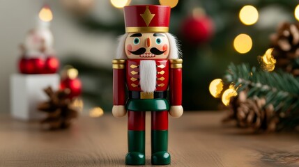 Wall Mural - Traditional wooden nutcracker figure, dressed in a vibrant red and green soldier's uniform with gold accents, standing tall with a stern expression, surrounded by festive holiday decorations 