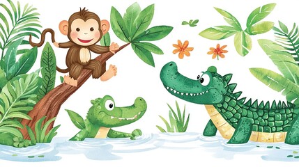 Sticker -   A monkey on a tree branch with a crocodile nearby, and another crocodile in a water pond