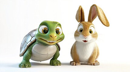 Poster -   Rabbit and Tortoise sitting side by side, each with a tortoise shell on their backs