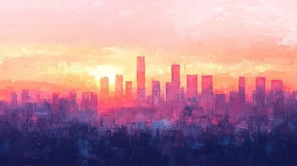 Sticker -   A cityscape painting with a pink and orange sky in the backdrop and a yellow and blue sky in the foreground