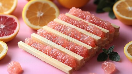 Wall Mural - Pink grapefruit segments on wooden sticks with fresh citrus fruits on a pink background.