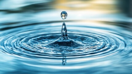 Poster - A single water droplet falls into a tranquil blue surface, creating concentric ripples that reflect warm hues of the setting sun in the background, showcasing nature's beauty