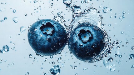 Canvas Print -   A blueberry duo sits atop a droplet-drenched tabletop