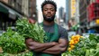 © Anna - A vendor proudly holds a bundle of leafy greens, surrounded by stalls of fresh produce, with the energy of the city evident in the background and warm sunlight illuminating the scene