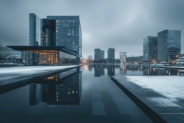 Modern Glass Skyscrapers Reflected in a Calm Pool of Water