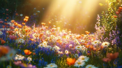 Poster -   A field of wildflowers and daisies with the sun shining through the trees in the background