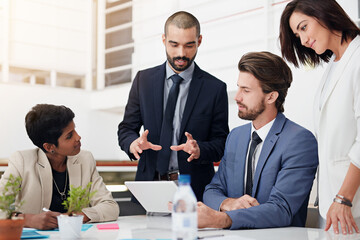 Wall Mural - Corporate, talking and group with tablet, planning and conversation for financial report and confident. Discussion, teamwork and people with paperwork, meeting and project for actuary and boardroom