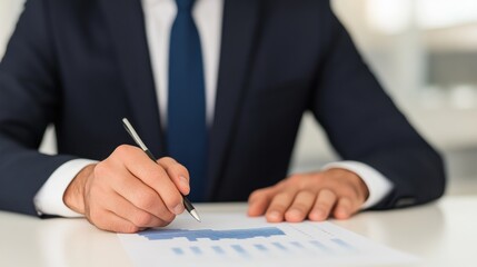 Poster - A business professional in a suit focuses on data charts, taking notes and making annotations with a pen at a modern office workspace, reflecting analysis and strategy