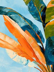 Wall Mural - A vibrant display of tropical leaves showcases bold orange and green tones, set against a light blue backdrop for an artistic effect