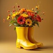 © Тетяна Лу - a yellow rubber boot in which there are bright autumn flowers