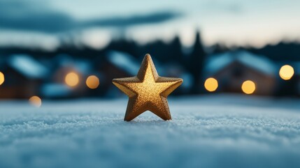 Canvas Print - Golden star shining brightly over a snowy village, symbolizing the Epiphany, with soft light reflecting on rooftops and serene sky above 