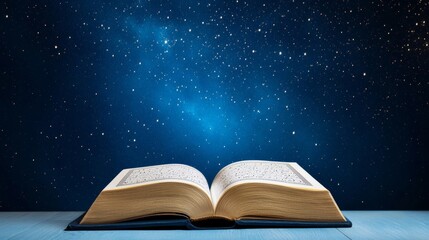 Canvas Print - Open Quran with soft golden light reflecting on its pages, set against a starry background, symbolizing the night of spiritual ascent during Isra and Mi'raj 