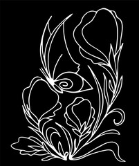 Wall Mural - white graphic contour drawing of a bouquet of flowers on a black background, design