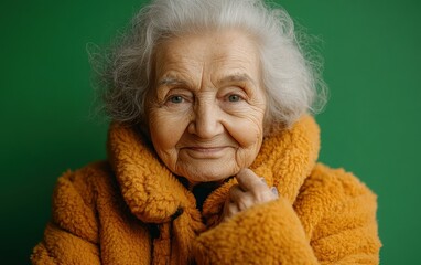 Canvas Print - A woman with a yellow coat and gray hair. She is smiling. Concept of warmth and happiness