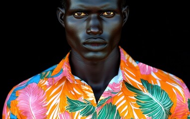 Canvas Print - A man with a black face and orange shirt with green leaves. The man is wearing a shirt with a floral pattern