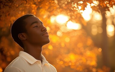 A man is standing in a forest with his head tilted to the side. He is wearing a white shirt and he is looking up at the sky. The scene is peaceful and serene