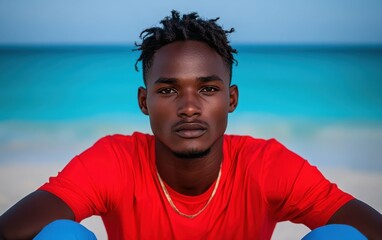 Wall Mural - A man in a red shirt is sitting on the beach. He has a serious expression on his face