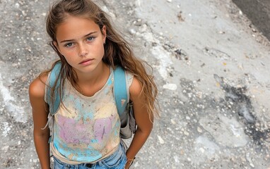 A girl with long hair and a backpack is standing on a rocky surface. She is wearing a blue shirt with a white and pink design