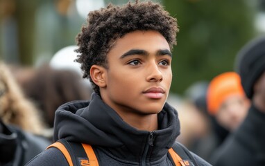 Wall Mural - A young man with a black hoodie and a backpack stands in a crowd. He has a serious expression on his face