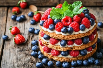 A delicious cake layered with whipped cream, raspberries, and blueberries, topped with fresh mint.