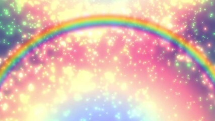 Wall Mural - magical rainbow arc with sparkling lights on a soft pink, yellow and blue gradient background.
