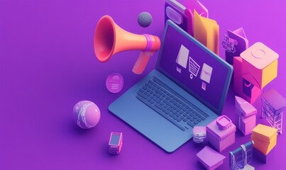 Poster - The concept of online shopping and digital marketing, illustrated in isometric format. Laptop screen, megaphone speaker,