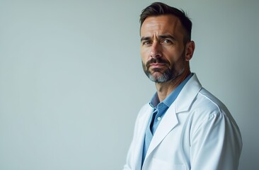 Young male doctor in a white coat with a stethoscope on his neck stands with his arms crossed. Blue background.