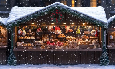 Festive holiday market stall selling mulled wine, gingerbread, and handmade ornaments, with snowflakes falling gently