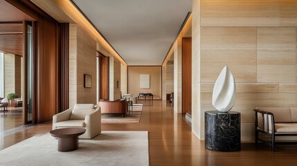 Poster - A tall, white abstract sculpture stands on a table against a dark wall background, elegantly illuminated to showcase its texture and detailed carving in a minimalist setting