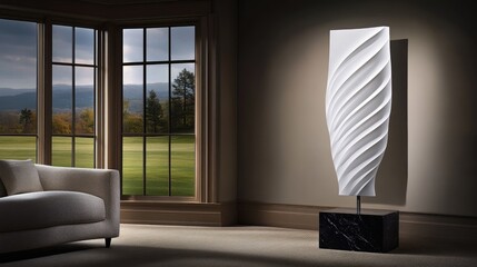 Poster - A tall, white abstract sculpture stands on a table against a dark wall background, elegantly illuminated to showcase its texture and detailed carving in a minimalist setting