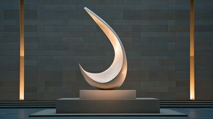 Poster - A tall, white abstract sculpture stands on a table against a dark wall background, elegantly illuminated to showcase its texture and detailed carving in a minimalist setting