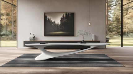 Poster - A tall, white abstract sculpture stands on a table against a dark wall background, elegantly illuminated to showcase its texture and detailed carving in a minimalist setting