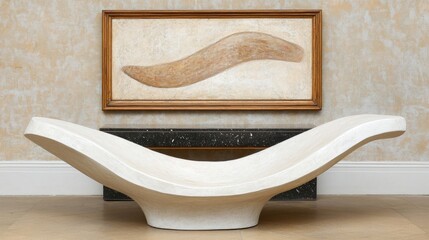 Poster - A tall, white abstract sculpture stands on a table against a dark wall background, elegantly illuminated to showcase its texture and detailed carving in a minimalist setting