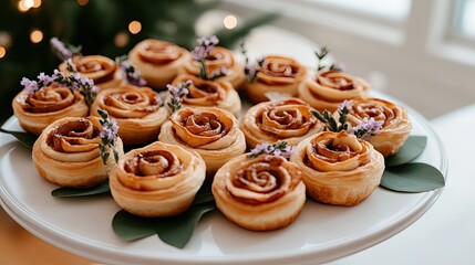 Delicious savory pastries filled with cream cheese are beautifully arranged on a vintage plate, surrounded by delicate lilac flowers and green leaves, highlighting their inviting appeal