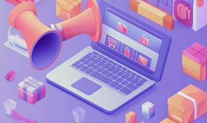 Wall Mural - the concept of online shopping and digital marketing, illustrated in isometric format. laptop screen