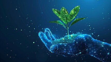 Wall Mural - Digital hand nurturing a glowing green seedling, symbolizing growth and environmental technology in a futuristic blue backdrop with sparkling particles.