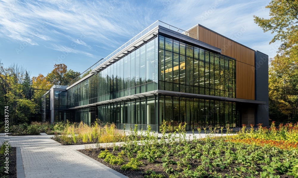 An innovative research lab building featuring a modern glass greenhouse ...