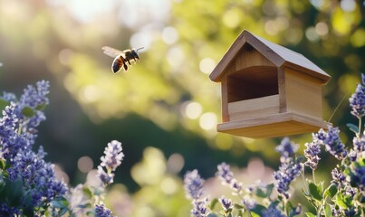 Western Leafcutter Bee flying on bee house. Insect and nature conservation, habitat preservation, and backyard flower garden concept