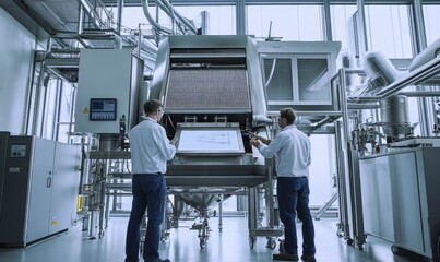 Two German engineers working on equipment inside a biomass facility, focused on optimizing renewable energy processes during the day