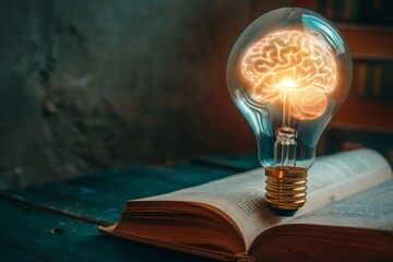 A bright light bulb featuring a glowing brain an open book, symbolizing innovation, self-learning