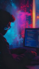 Aufkleber - Software developer coding late at night, focused on a complex project with computer screen glow. Evokes dedication in software development
