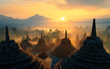 Majestic sunrise over ancient Buddhist temple in Indonesia.