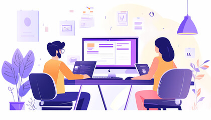 Flat illustrations of two people working together at their desks, with one person sitting on the left side and another woman seated to his right., Flat illustration style with simple shapes and lines,