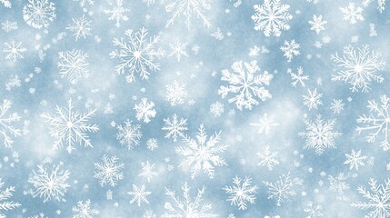 A tranquil blue backdrop features intricate snowflakes cascading down, creating a serene winter vibe ideal for Christmas themes and digital card designs. SEAMLESS PATTERN