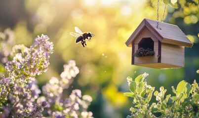 Western Leafcutter Bee flying on bee house. Insect and nature conservation, habitat preservation, and backyard flower garden concept